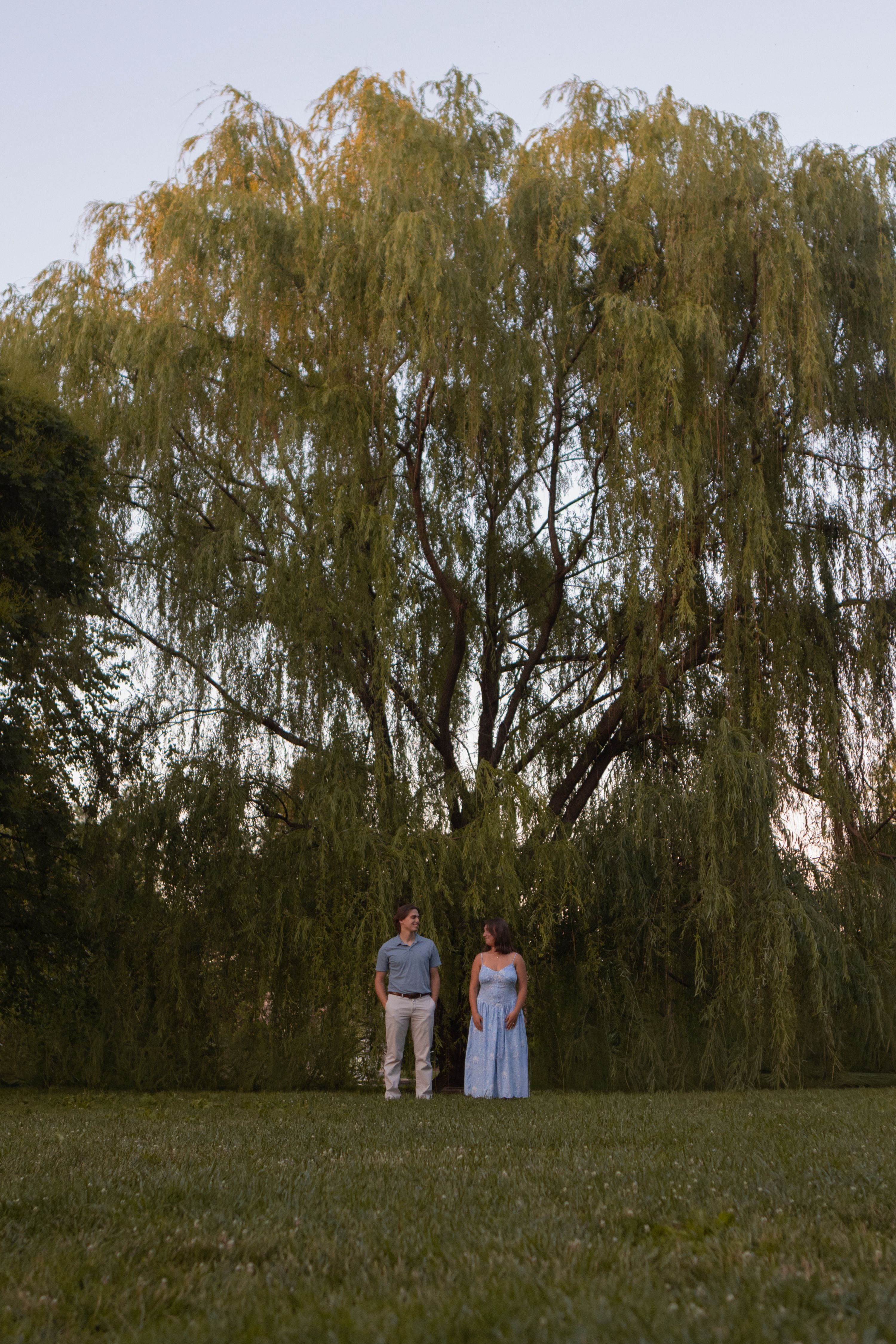 Andrew and Grace standing on a lawn in front of a large weeping willow, looking at each other